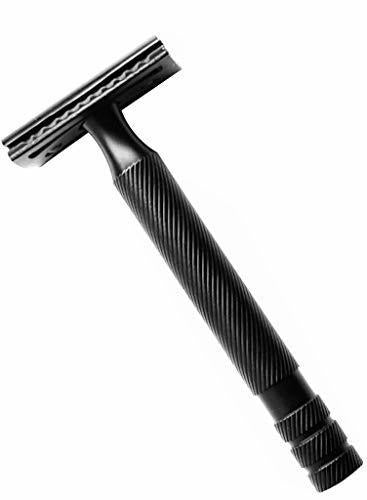 Jet Black safety razor kit including a handcrafted leather travel pouch.