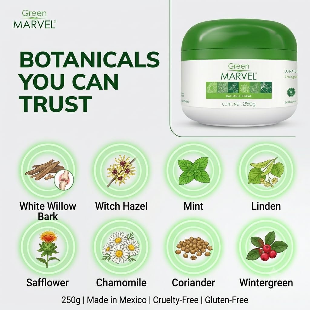 Green Marvel Herbal Body Balm - Natural Ingredients, Cooling Fresh Sensation, Fast Absorbing, Non-Greasy, Paraben-Free - 250g (Made in Mexico)