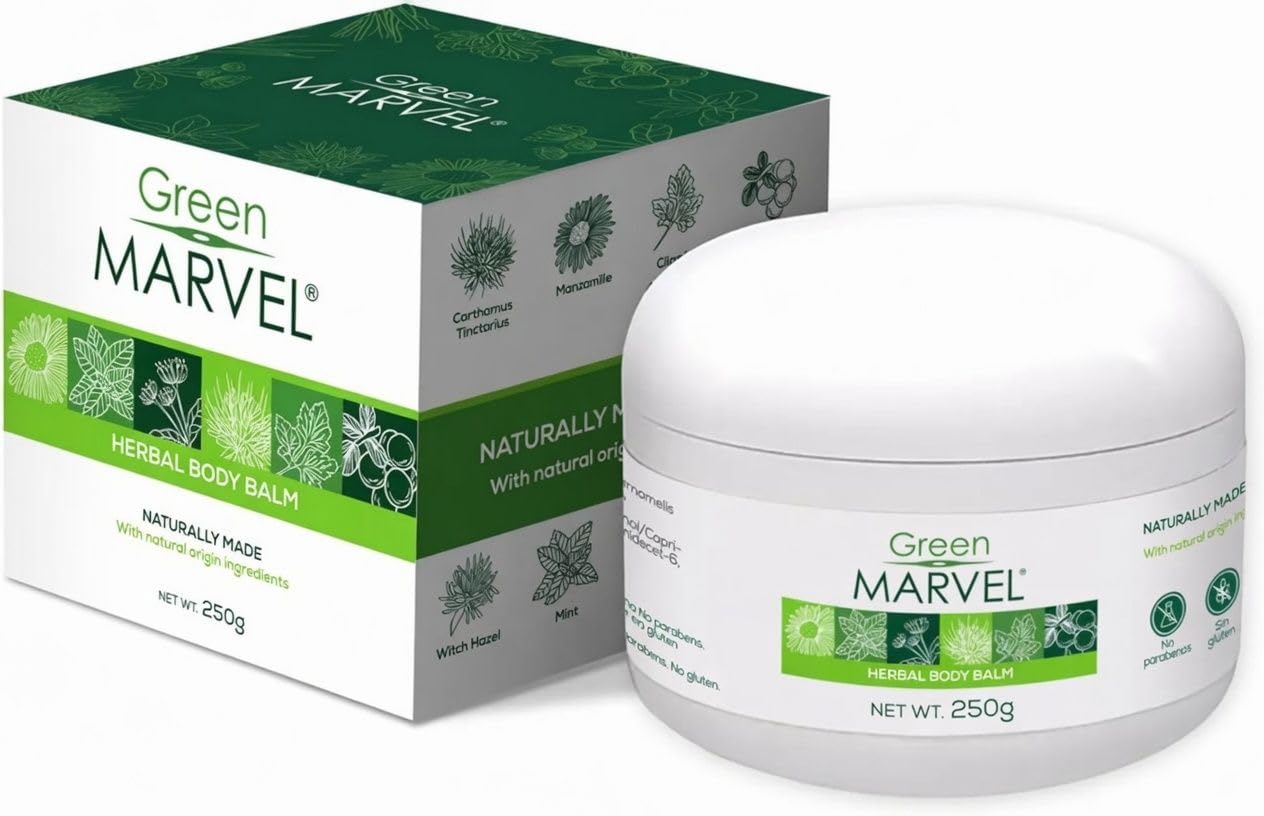 Green Marvel Herbal Body Balm - Natural Ingredients, Cooling Fresh Sensation, Fast Absorbing, Non-Greasy, Paraben-Free - 250g (Made in Mexico)