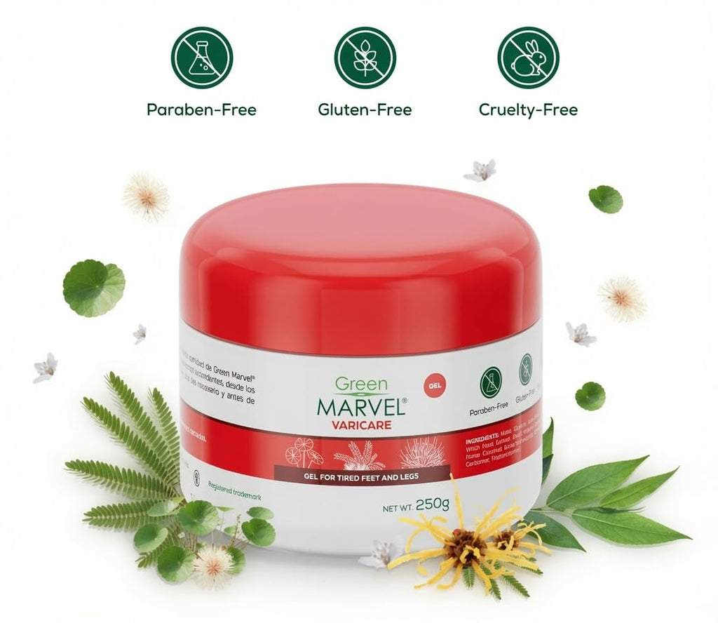 Green Marvel Varicare Gel for Tired Legs & Feet - Botanical Cooling Comfort Cream - Paraben-Free - 250g (Made in Mexico)