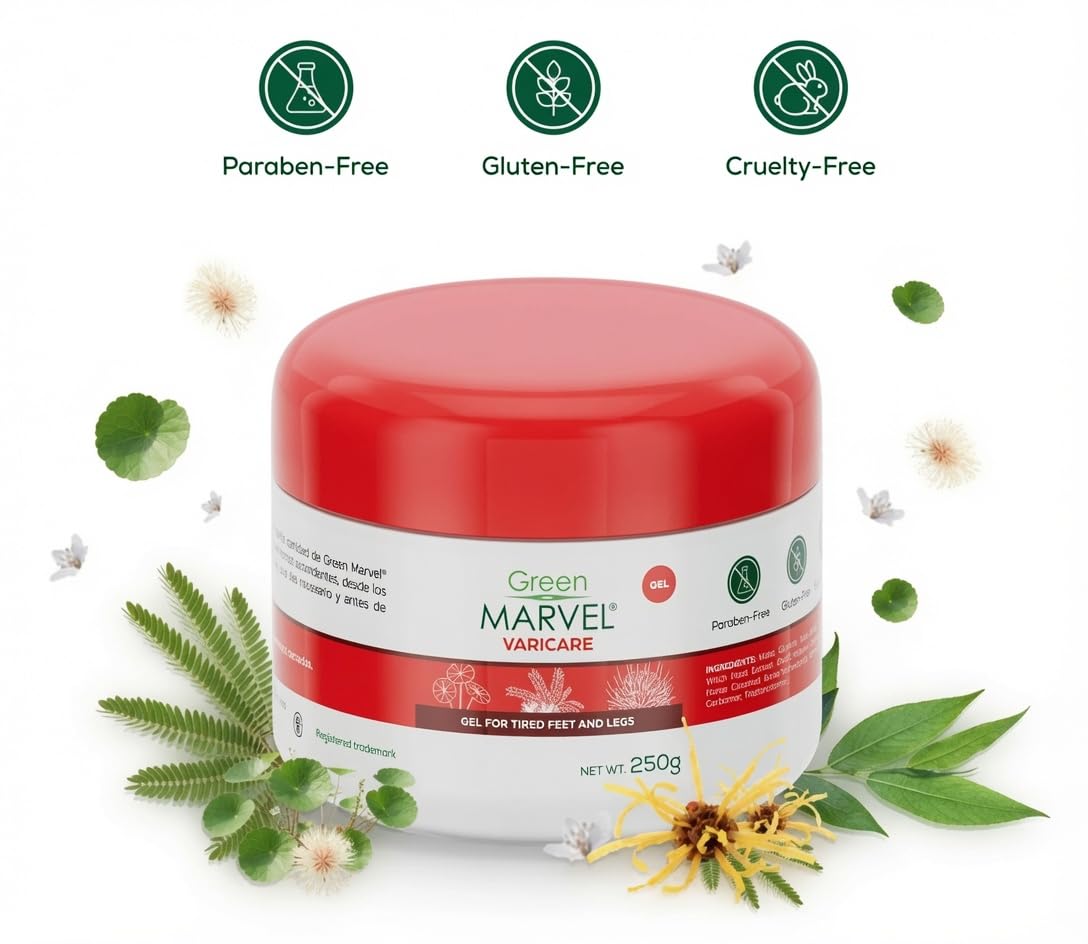 Green Marvel Varicare Gel for Tired Legs & Feet - Botanical Cooling Comfort Cream - Paraben-Free - 250g (Made in Mexico)