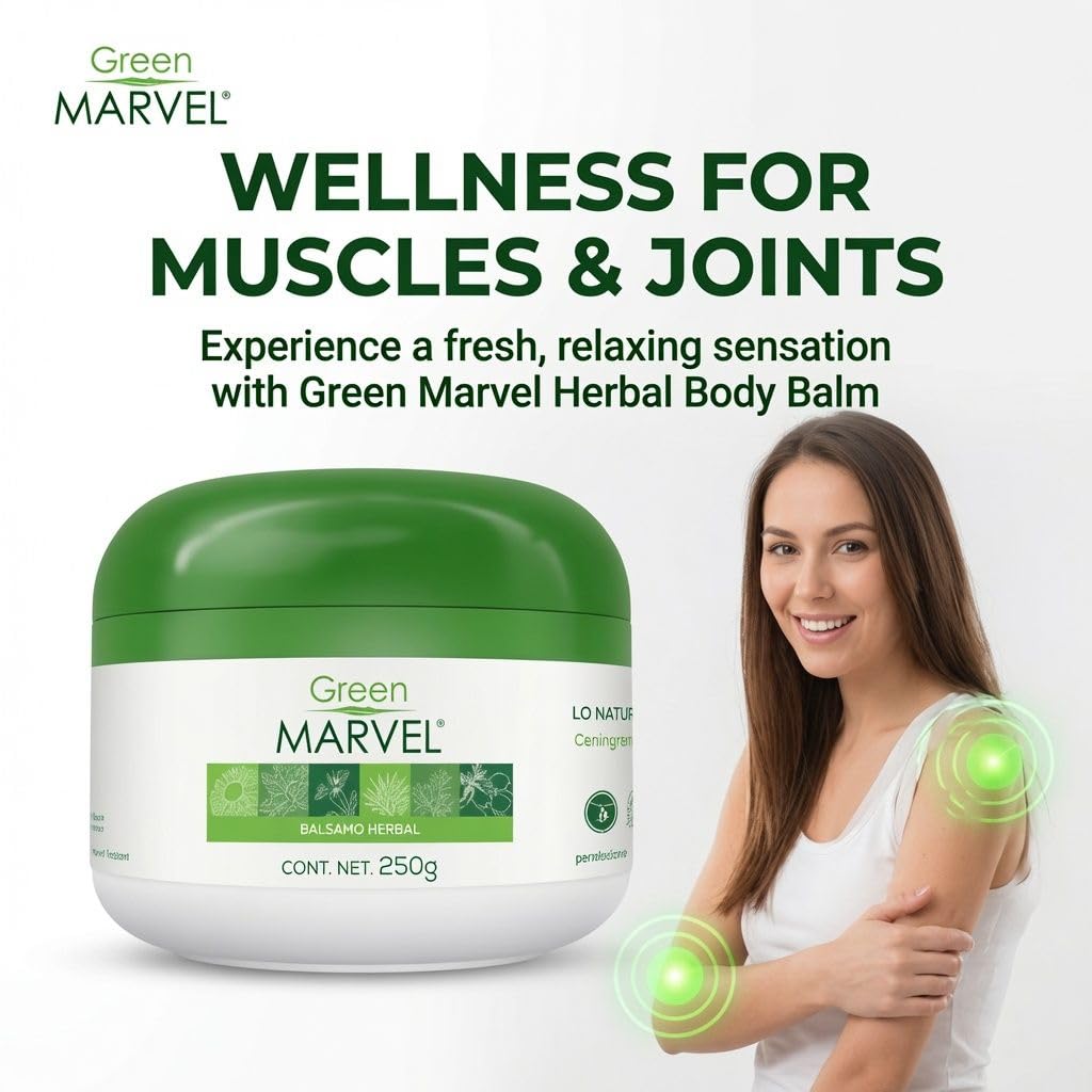 Green Marvel Herbal Body Balm - Natural Ingredients, Cooling Fresh Sensation, Fast Absorbing, Non-Greasy, Paraben-Free - 250g (Made in Mexico)