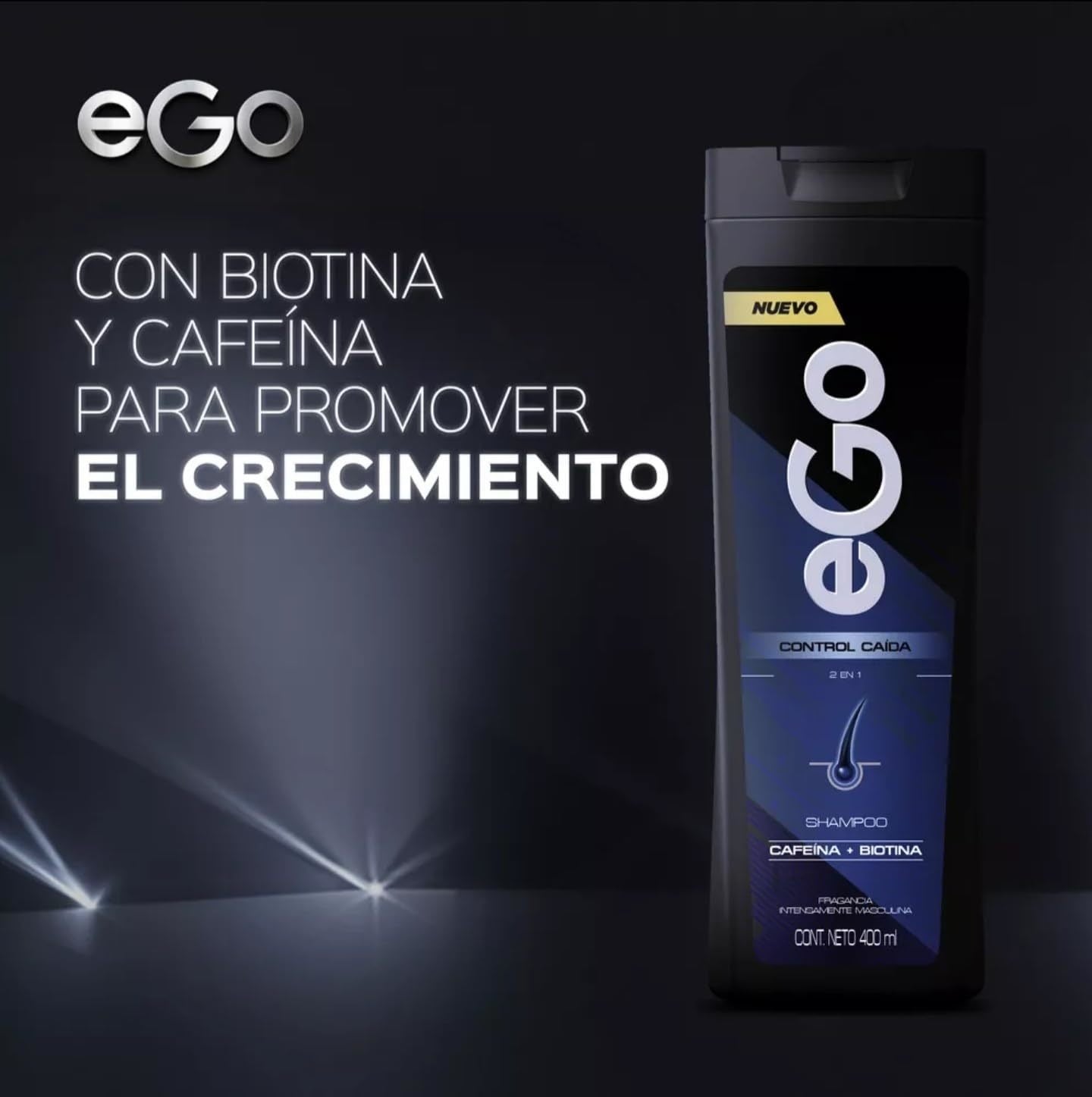 Botella de Shampoo con Cafeína y Biotina para el fortalecimiento desde la raíz.