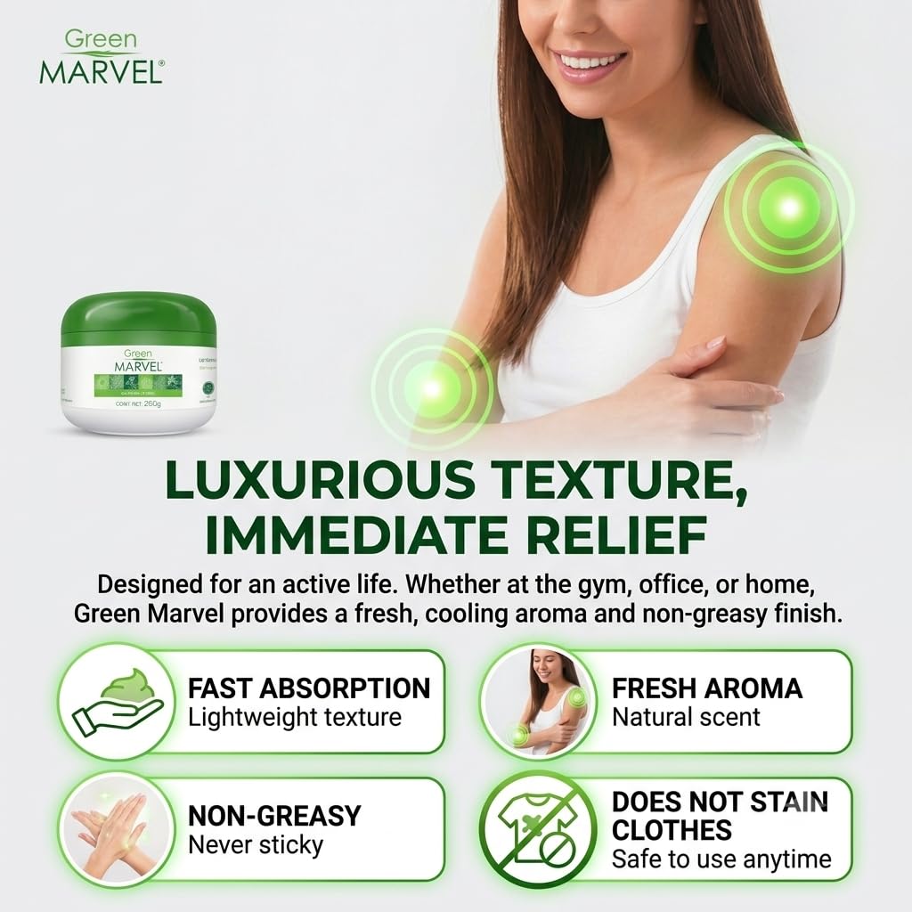 Green Marvel Herbal Body Balm - Natural Ingredients, Cooling Fresh Sensation, Fast Absorbing, Non-Greasy, Paraben-Free - 250g (Made in Mexico)