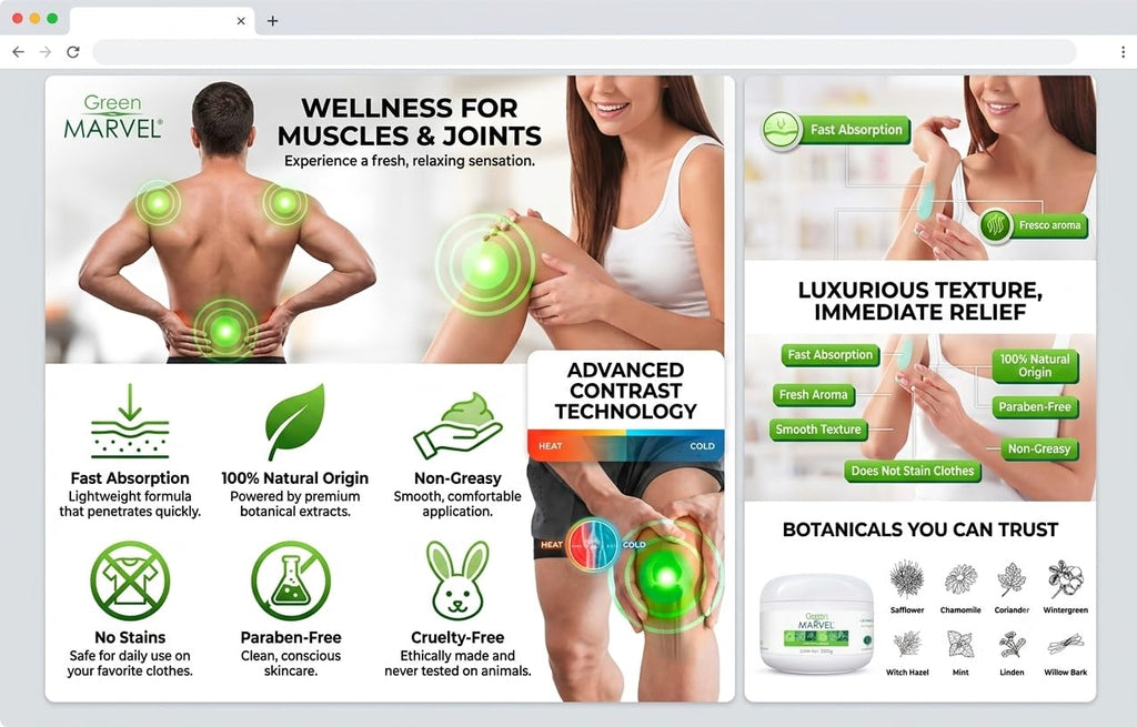Green Marvel Herbal Body Balm - Natural Ingredients, Cooling Fresh Sensation, Fast Absorbing, Non-Greasy, Paraben-Free - 250g (Made in Mexico)
