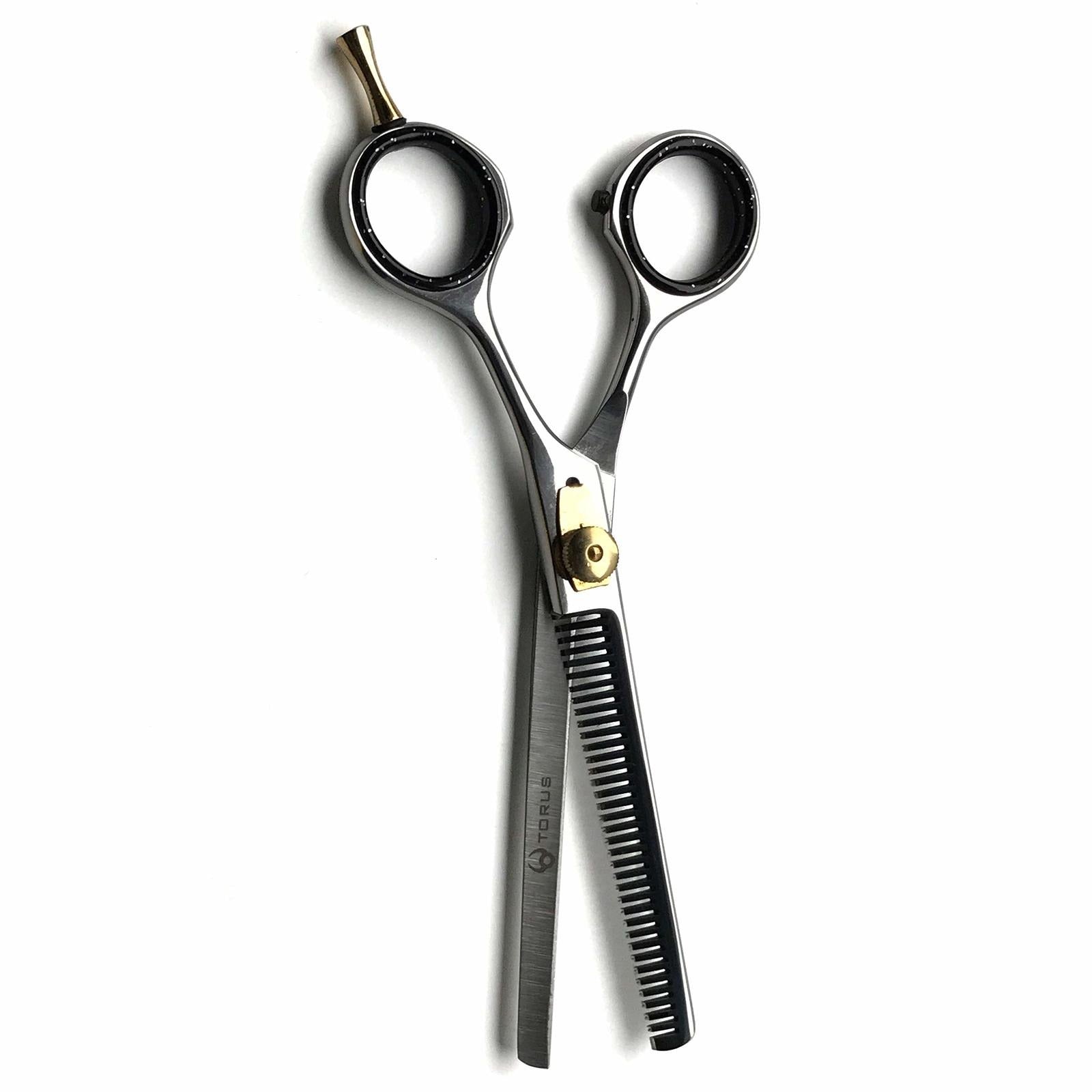 Ergonomic handle design on 6.5 inch professional thinning shears.