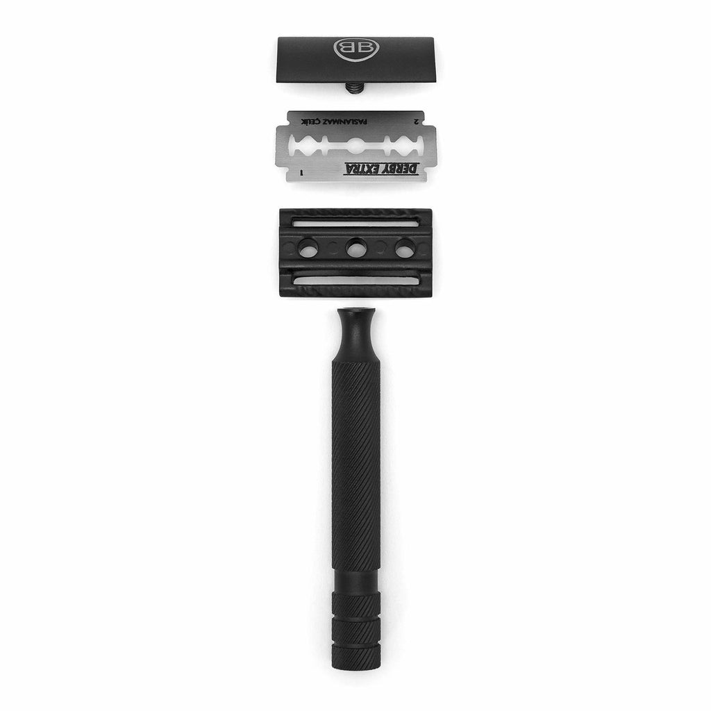 Premium satin black safety razor with industry-leading head for a close shave.