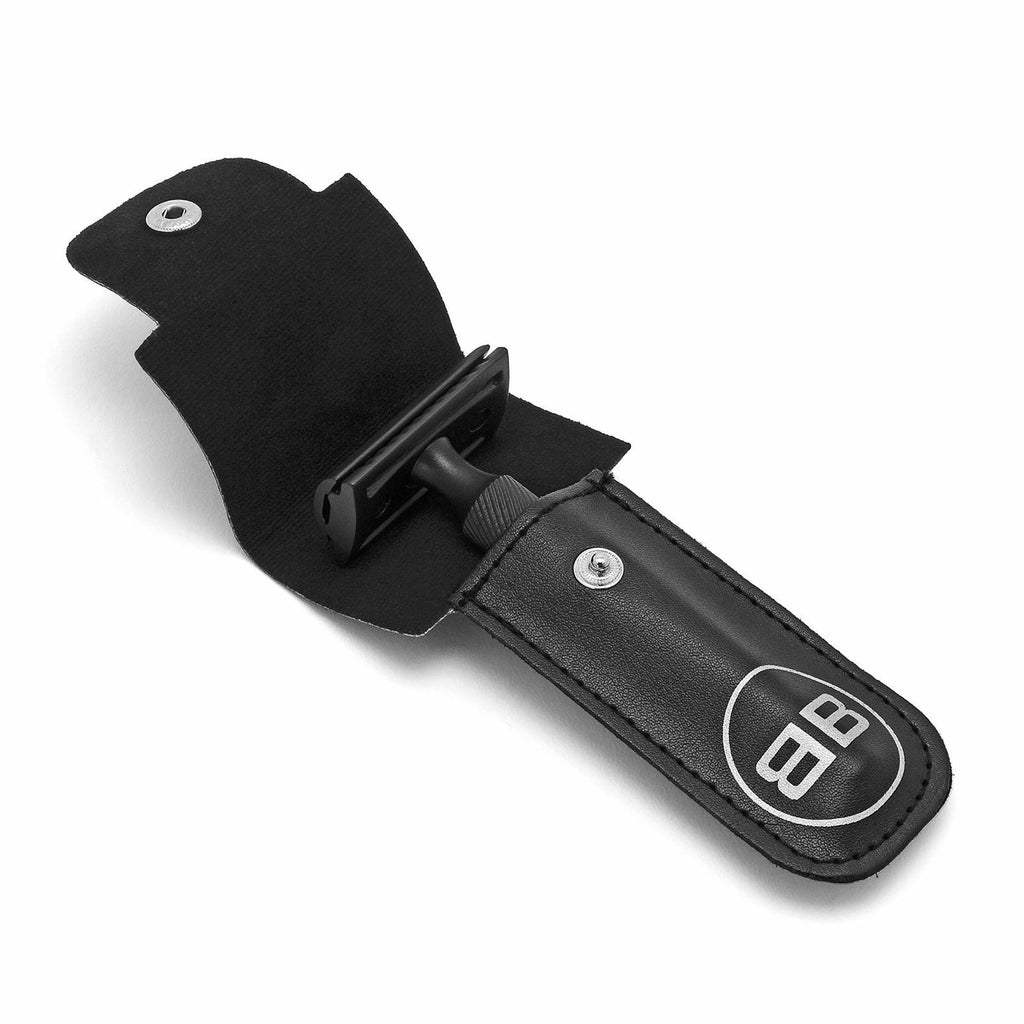 Jet Black safety razor kit including a handcrafted leather travel pouch.