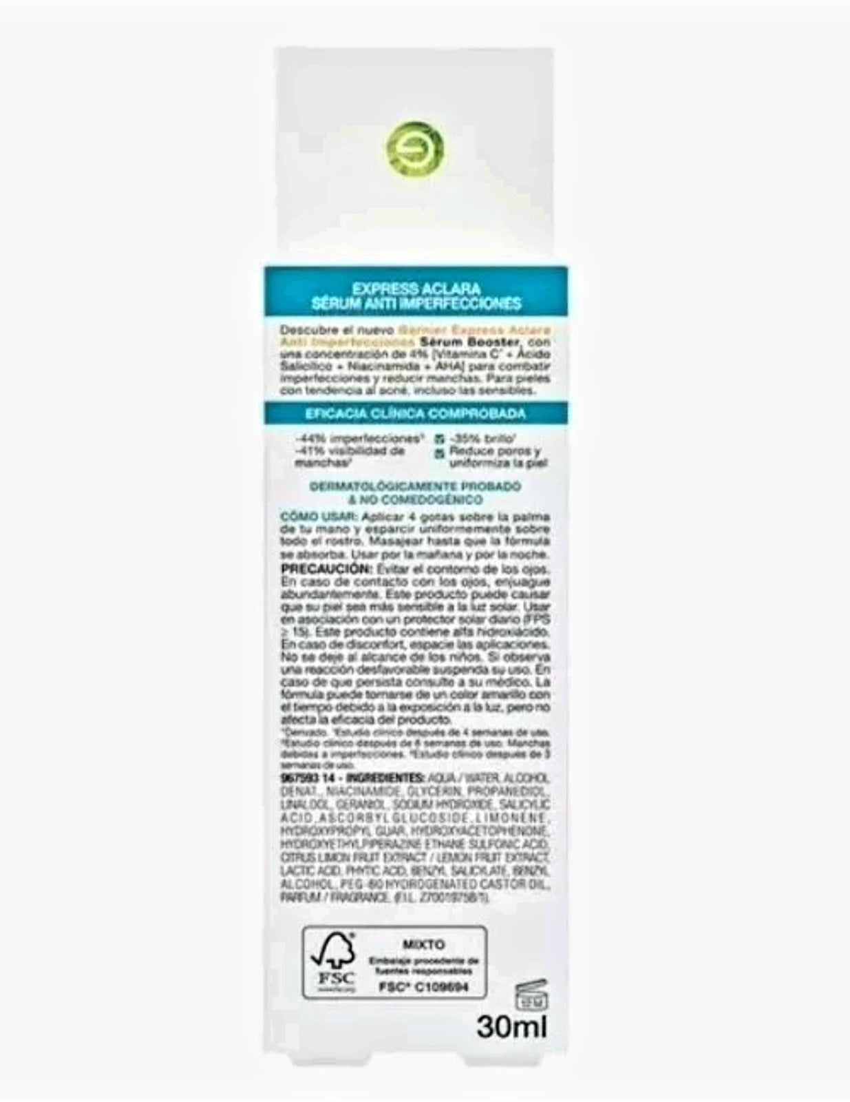 Garnier Express Aclara booster serum packaging showing key benefits.